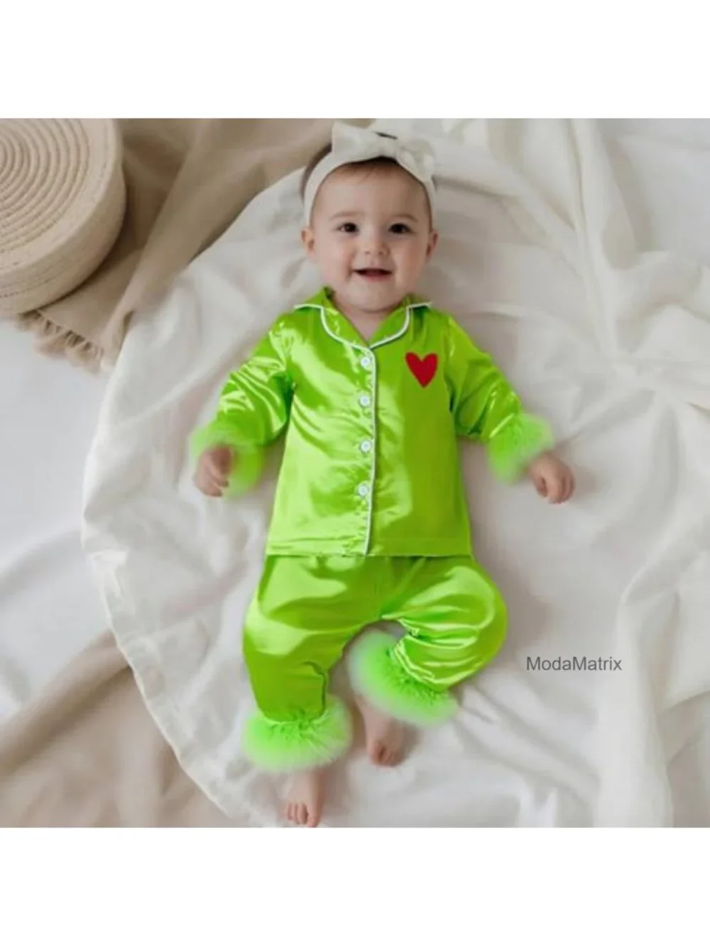 Kids Christmas Pajama Set Green Satin Silk Button Down Jammies Toddler Girl